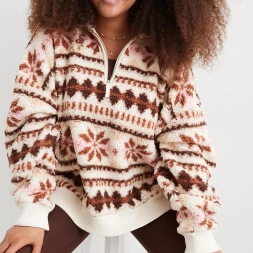 NWT Aerie Hometown Holiday Quarter Zip Sweatshirt Fair Isle | S